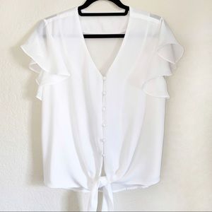 White Chiffon V-Neck Top w/ Front Tie Cap Sleeves
